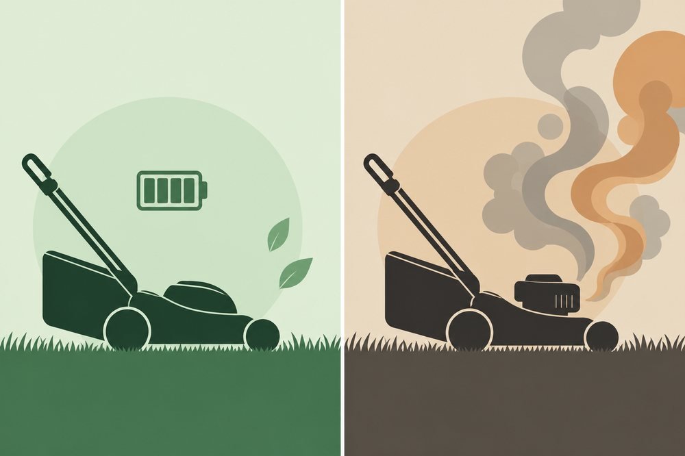 Illustration comparing a battery mower with a gas mower emitting exhaust