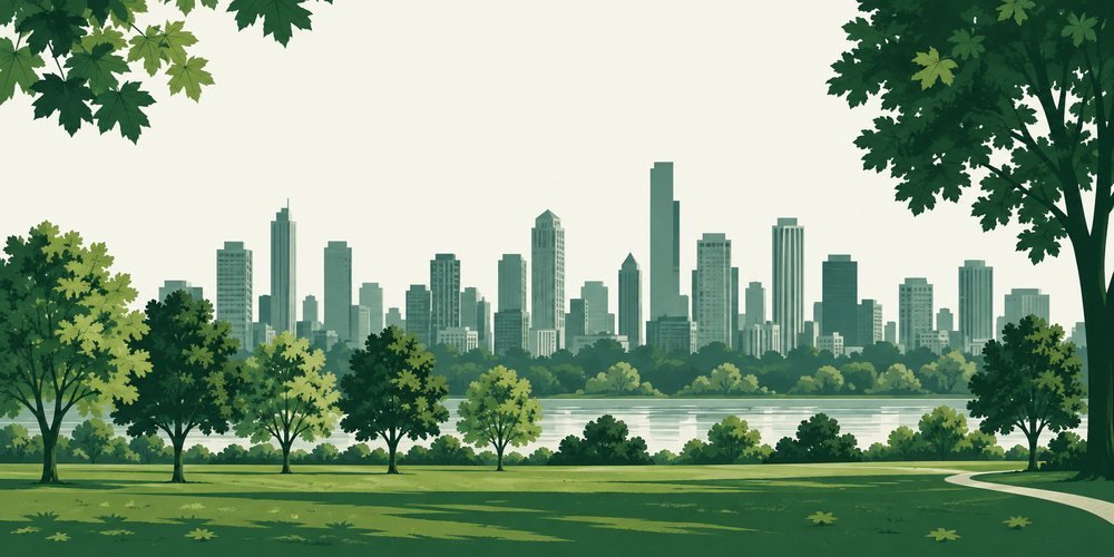 Illustration of a city skyline seen across a green park